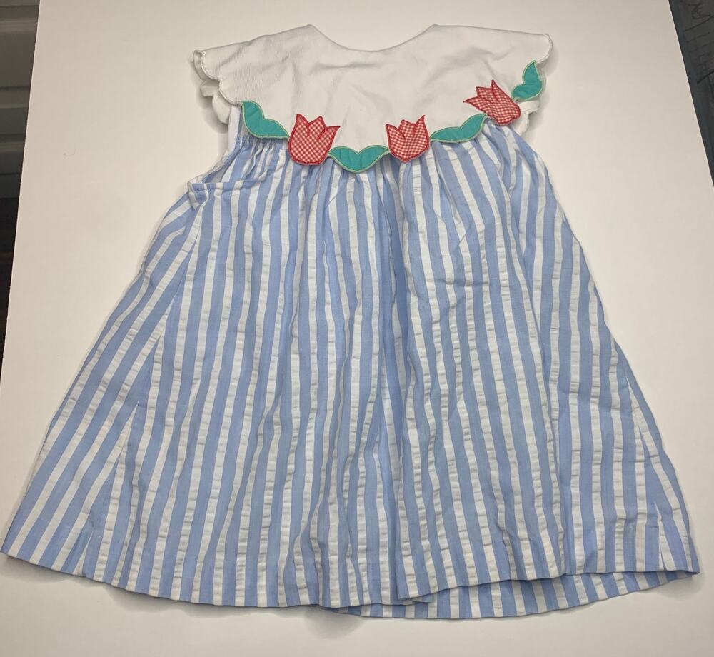 vintage 4T Samara sundress tulips stripes blue pink green toddler dress